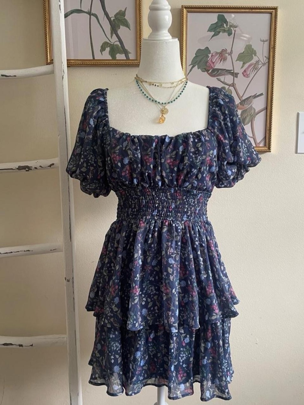 Young Adult Trixxi Navy Floral Smocked Tiered Short Dress
